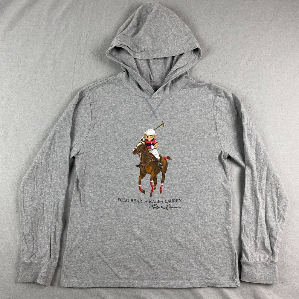 Polo Ralph Lauren Shirt Boys XL 18-20 Gray Polo Bear Hooded Long Sleeve Graphic